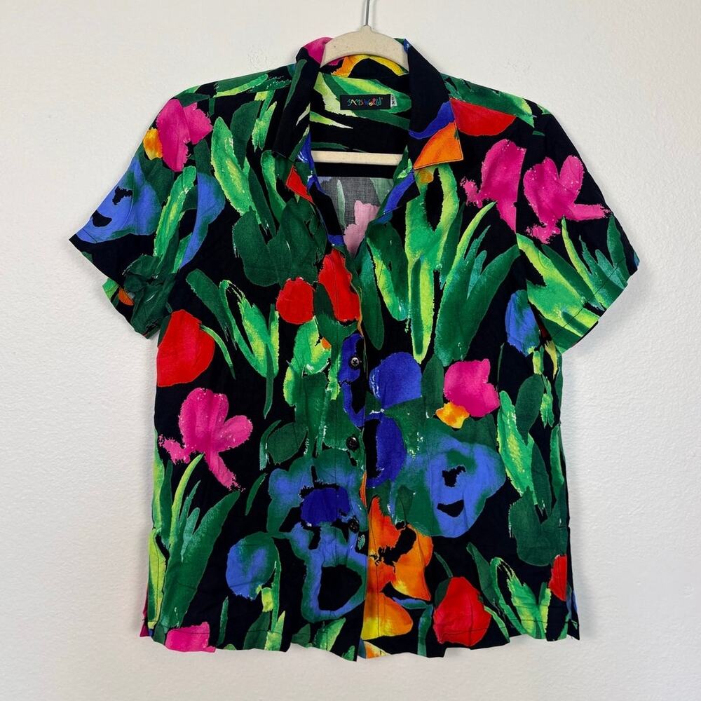 Jams World All Over Garden Black Floral Button Down Top XS